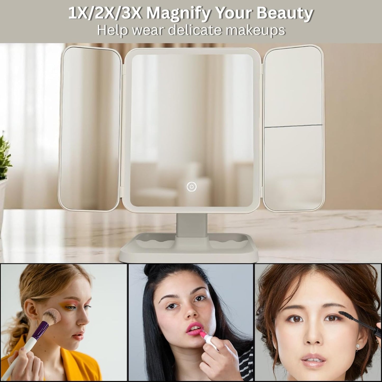 Twelve13™ Tri-Fold LED Makeup Mirror with 3 Light Modes & Magnification – Portable Vanity Glow Mirror