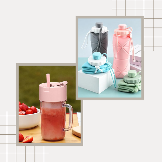 Travel Pro Combo: Foldable Silicone Water Bottle (600ml) + USB Juicer Cup Blender (420ml) – Stay Hydrated & Fresh On-the-Go!"